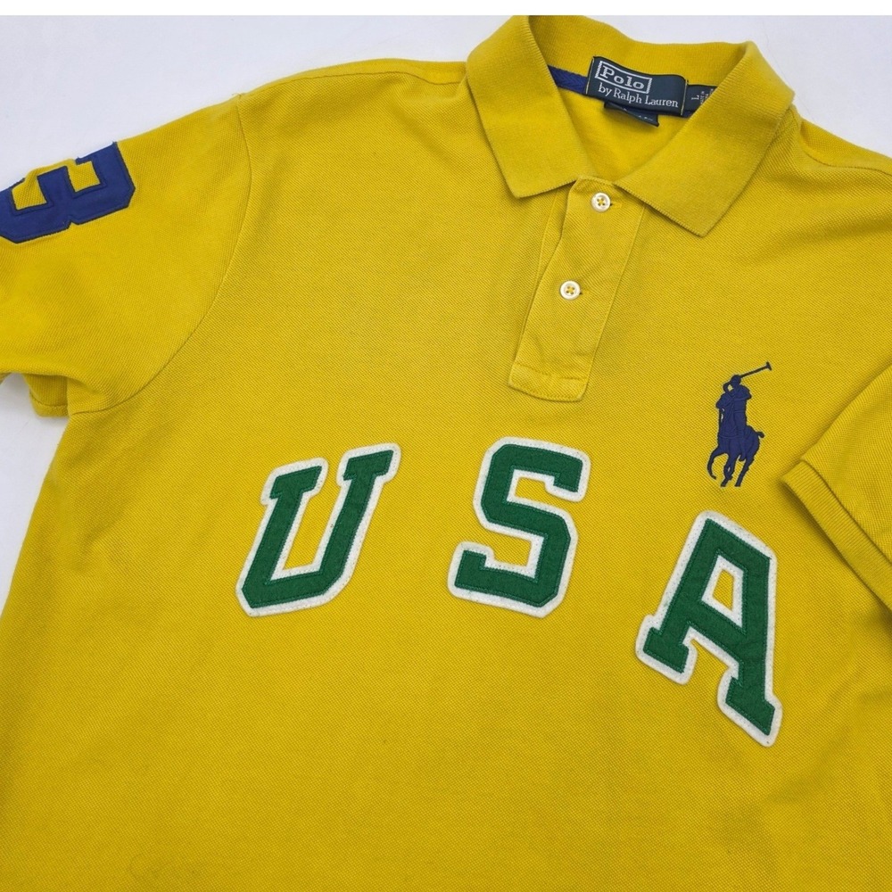 VINTAGE 90S POLO RALPH LAUREN USA PONY POLO MENS LARGE YELLOW GREEN SPELLOUT BIG